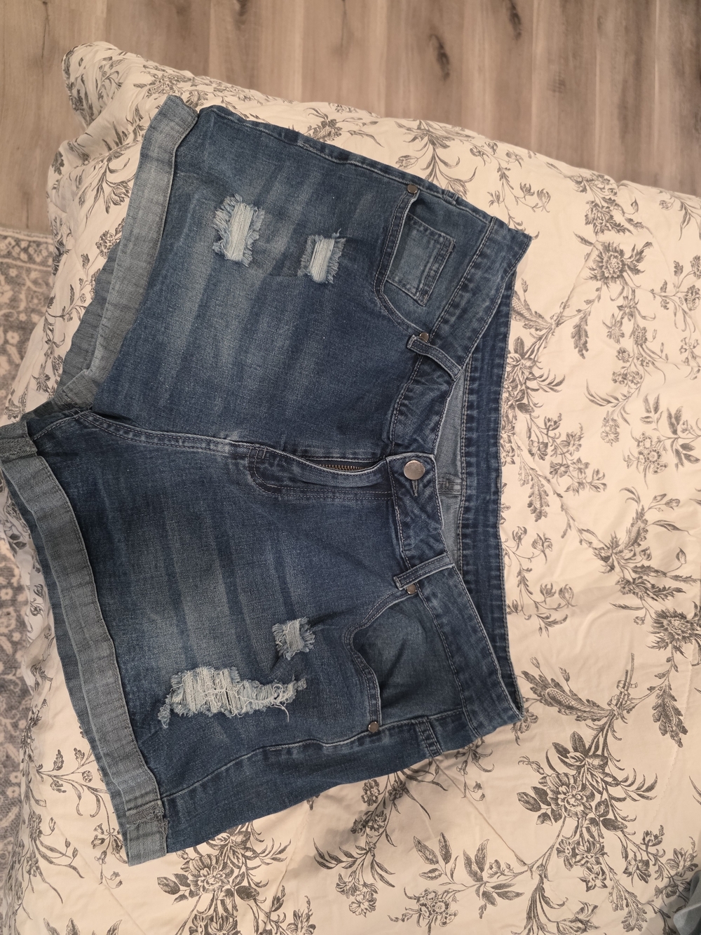 Women's Distressed Mid-Blue Denim Shorts